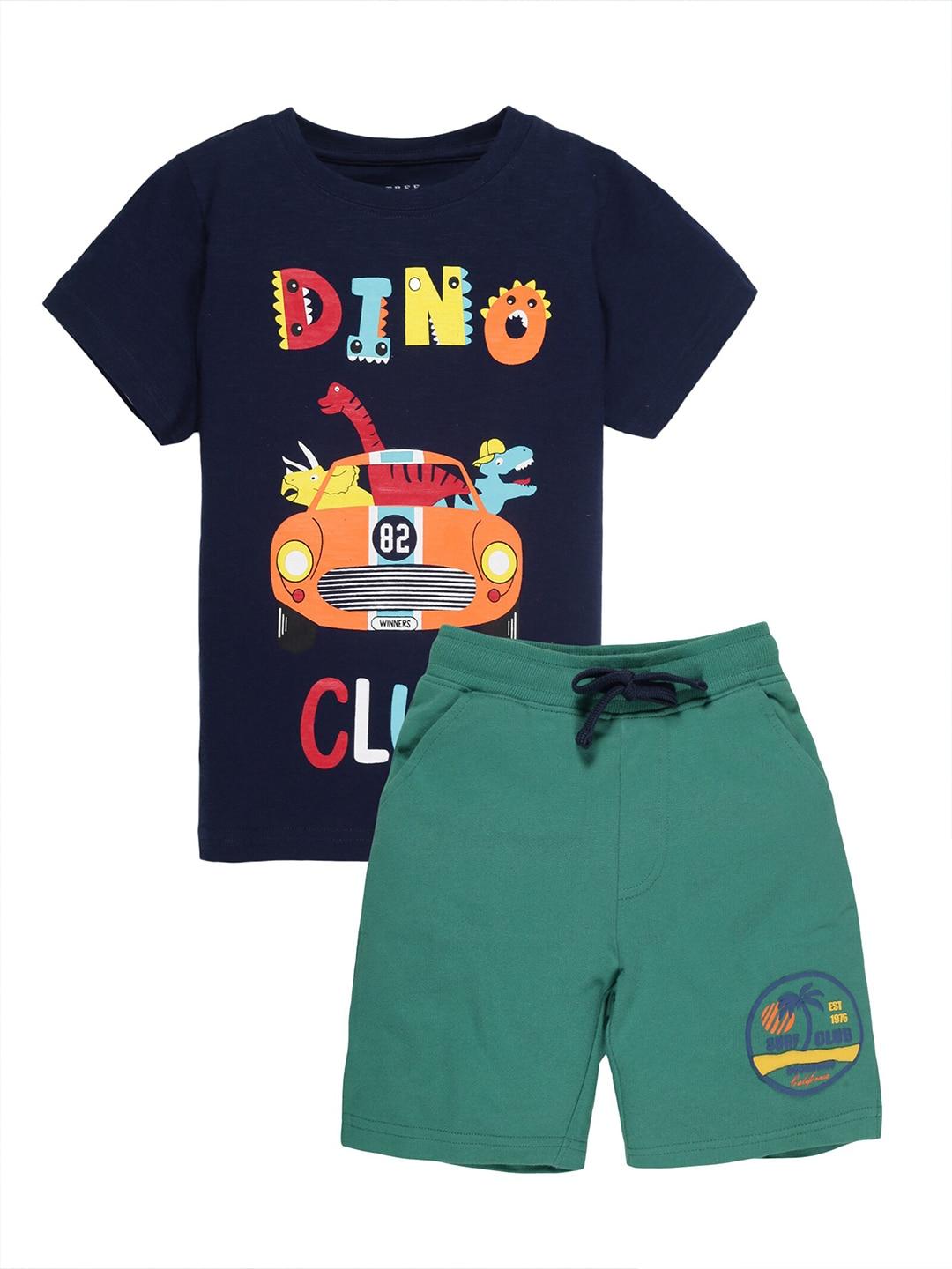 plum tree boys navy blue & green dino printed pure cotton t-shirt with shorts