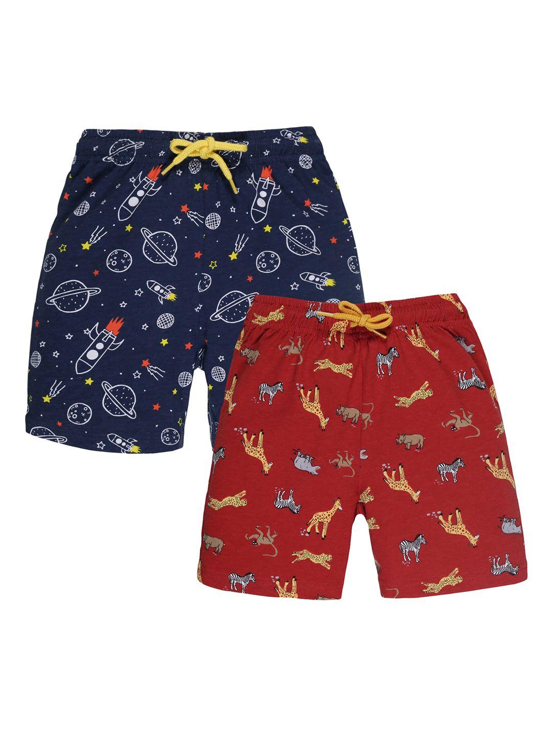 plum tree boys pack of 2 mid-rise printed casual pure cotton shorts