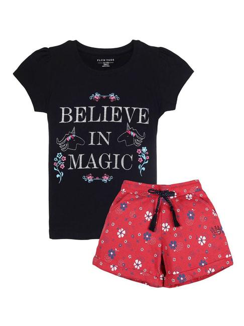 plum tree kids black & coral embellished t-shirt with shorts