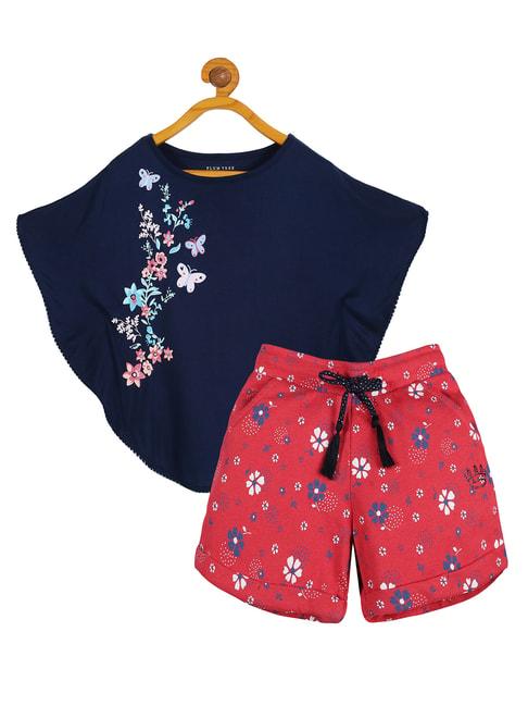plum-tree-kids-navy-&-pink-floral-print-poncho-t-shirt-with-shorts