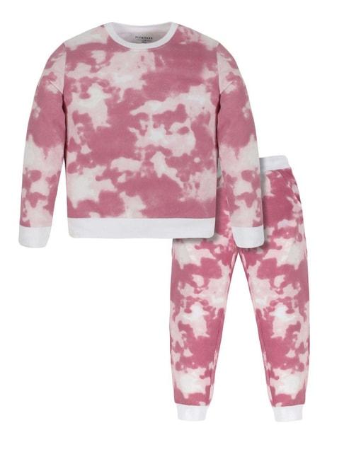 plum tree kids pink & white cotton over dyed full sleeves t-shirt set