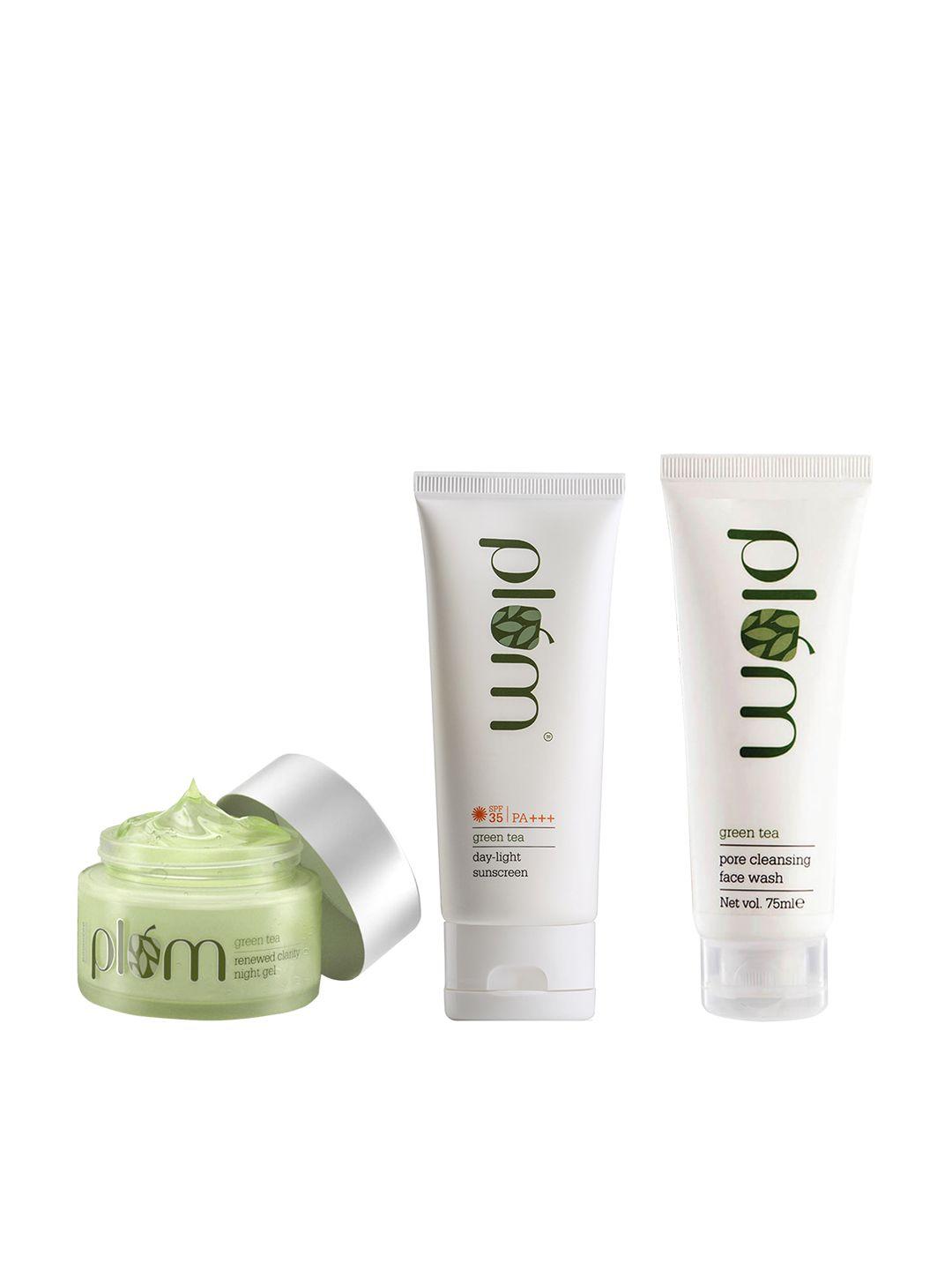 plum unisex green tea set of face wash, renewed clarity night gel & spf 35 sunscreen