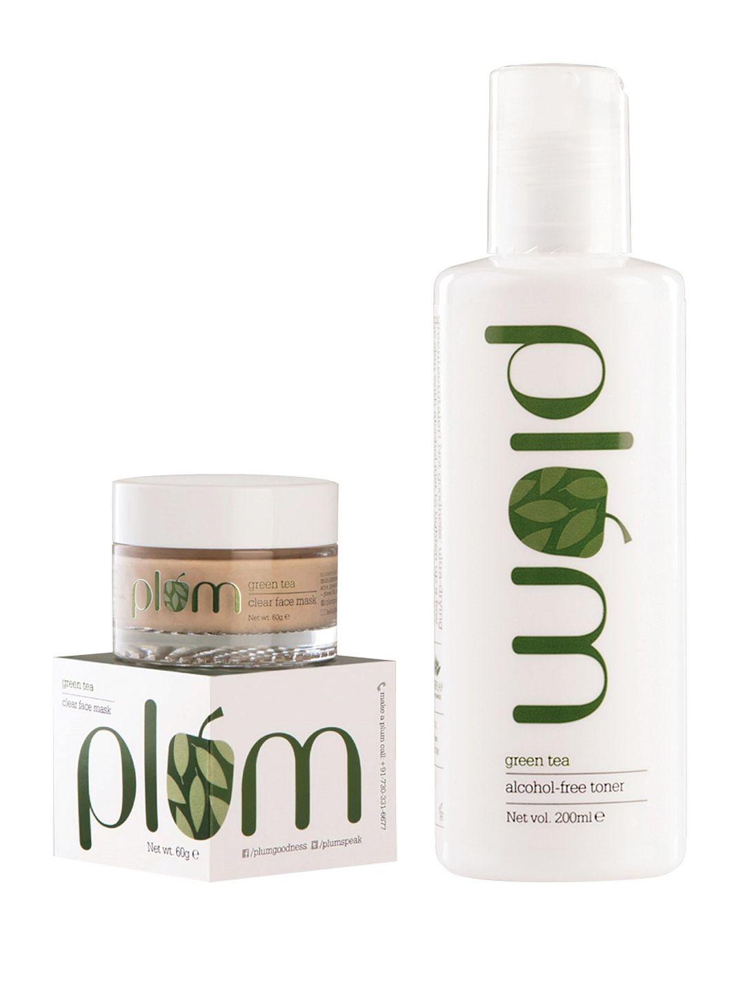plum unisex sustainable green tea set of clear face mask & toner