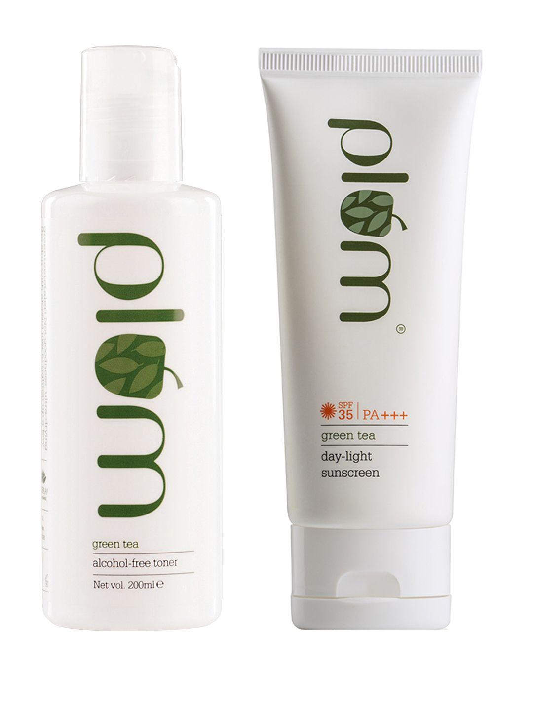 plum unisex sustainable green tea set of toner & sunscreen