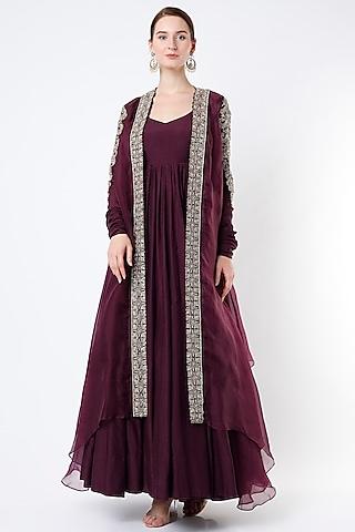 plum anarkali with embroidered cape
