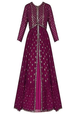 plum anarkali with embroidered jacket and dupatta