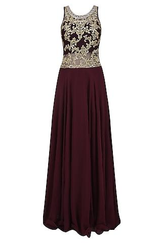 plum and gold embroidered evening gown