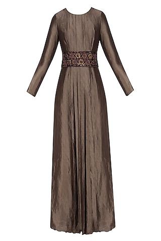 plum banarasi silk pleated dress and floral embroidered belt