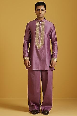 plum chanderi embroidered kurta set