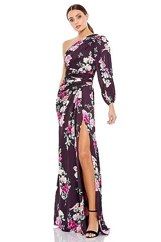 plum charmeuse floral printed gown