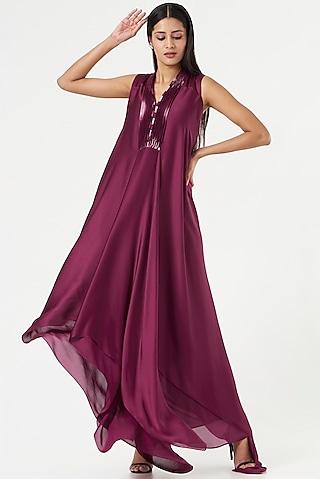 plum chiffon draped dress