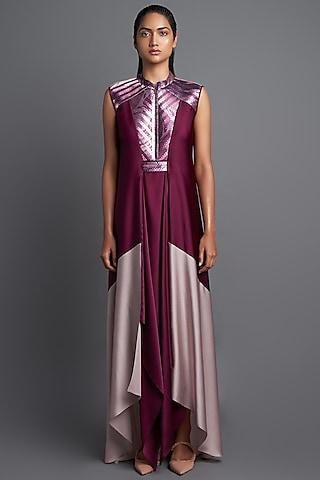 plum chiffon metallic draped dress