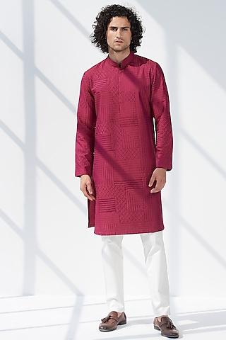 plum cotton silk embroidered kurta set