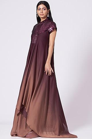 plum crinkled chiffon draped dress