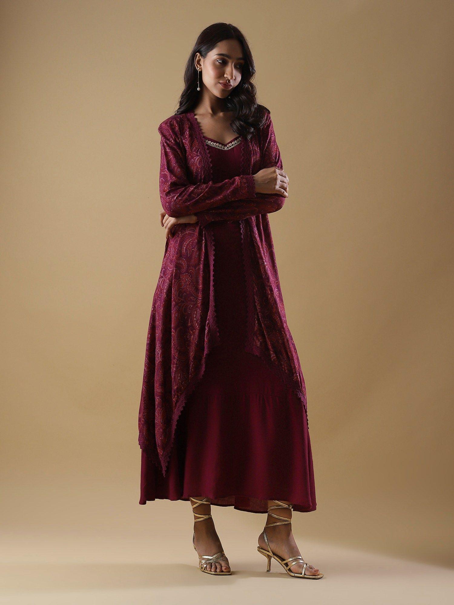 plum dress with printed shrug (set of 2)