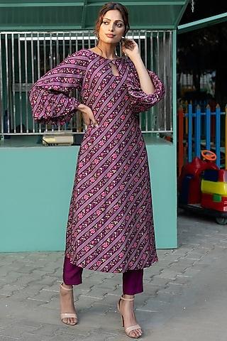 plum dupion printed tunic set