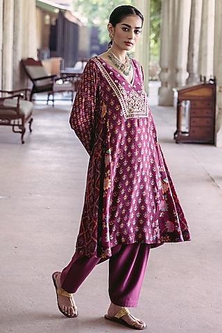 plum dupion silk printed & hand embroidered kalidar kurta set