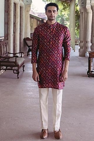 plum dupion silk printed kurta set