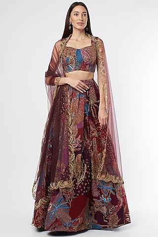 plum embellished & printed lehenga set