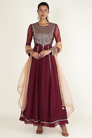 plum embroidered anarkali set