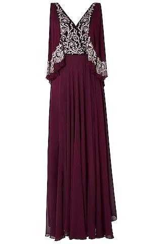 plum embroidered drape gown dress
