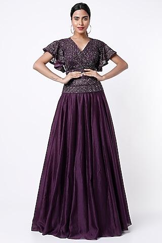 plum embroidered gown