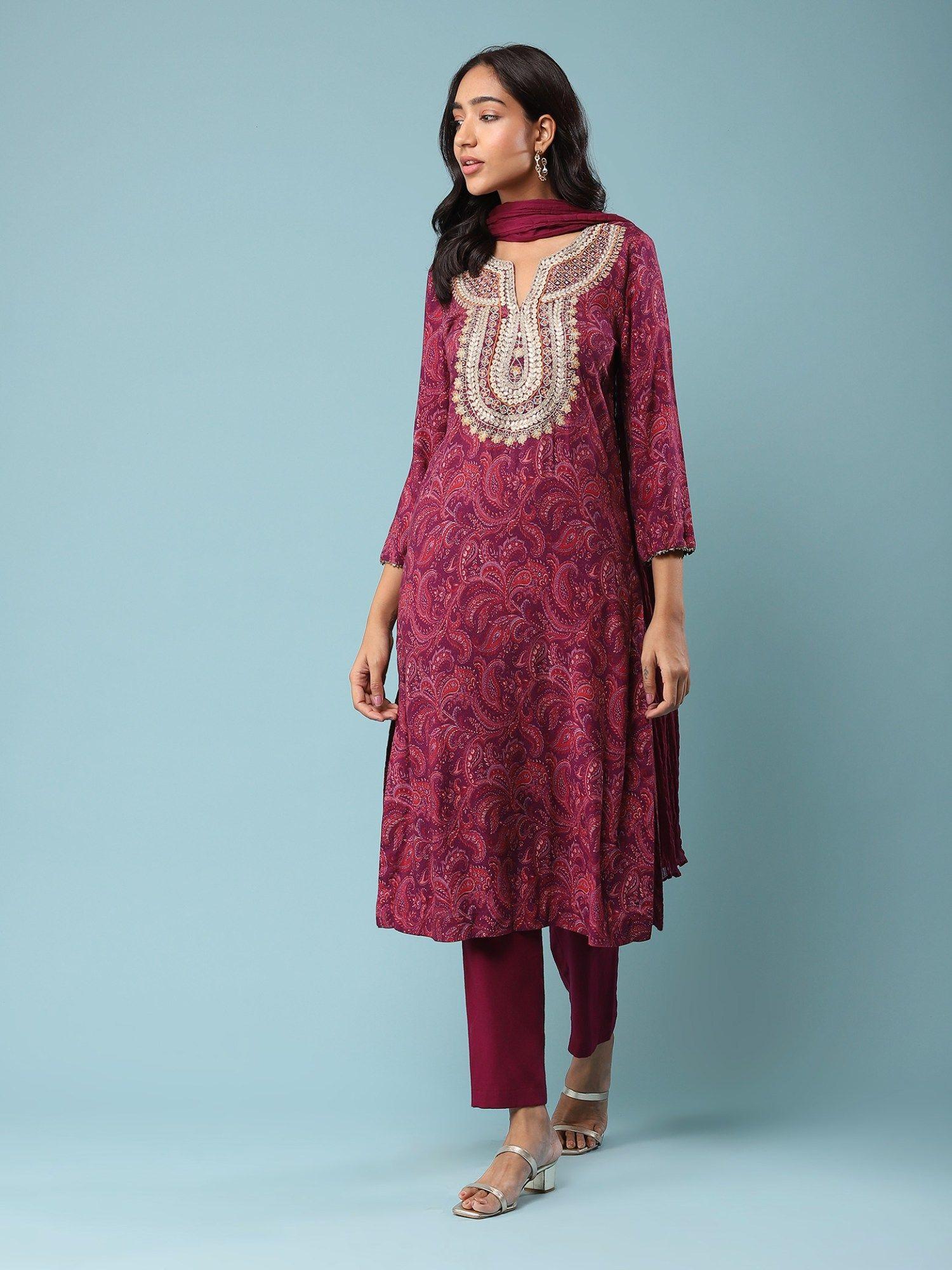 plum embroidered kurta with pant and dupatta (set of 3)