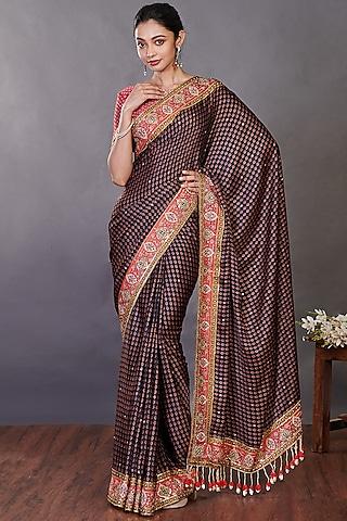plum embroidered saree set