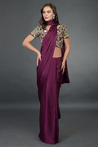 plum floral embroidered saree set