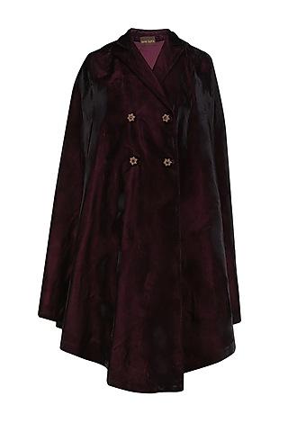 plum floral motifs double breasted velvet cape