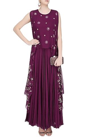 plum floral motifs flared anarkali with attached dupatta