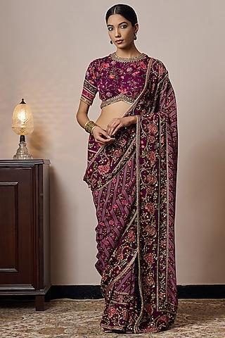 plum georgette printed & hand embroidered saree set