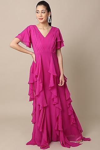 plum georgette ruffled dress