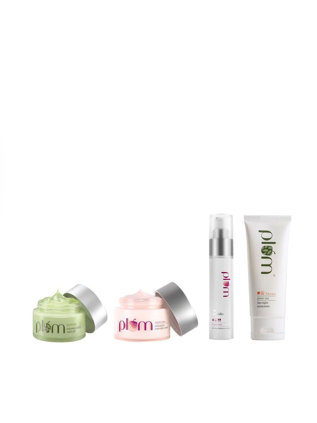 plum green tea set of sustainable night gel-overnight creme-day cream-day-light gel