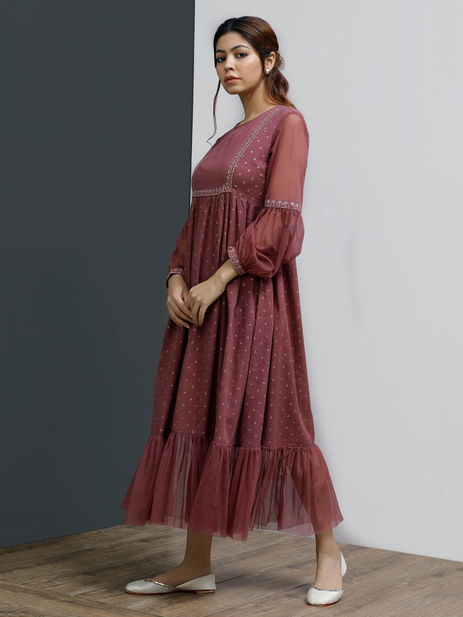 plum hand block printed front gathered long dress