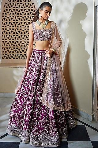 plum hand embroidered chintz lehenga set