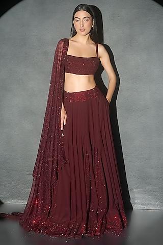 plum italian crepe lehenga set