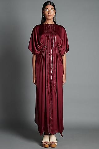 plum kaftan dress with handwoven lace