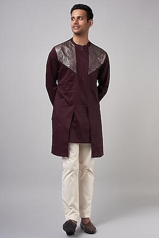 plum mesh fabric & cotton satin longline shirt
