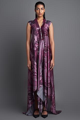 plum metallic draped dress