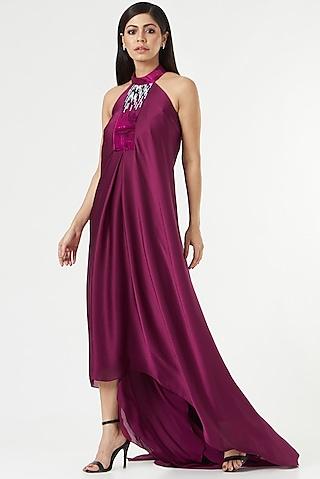 plum metallic halter dress
