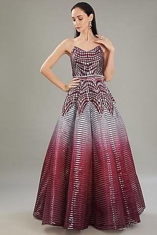 plum metallic polymer & chiffon gown with belt