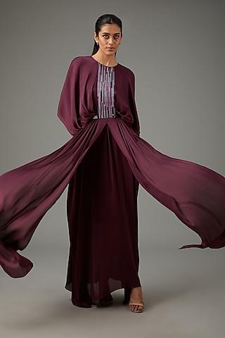 plum metallic polymer & crepe chiffon gown