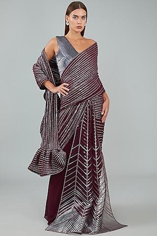 plum metallic polymer draped gown saree