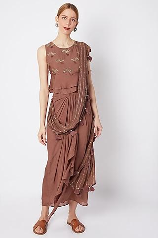 plum modal silk metallic embroidered skirt saree set