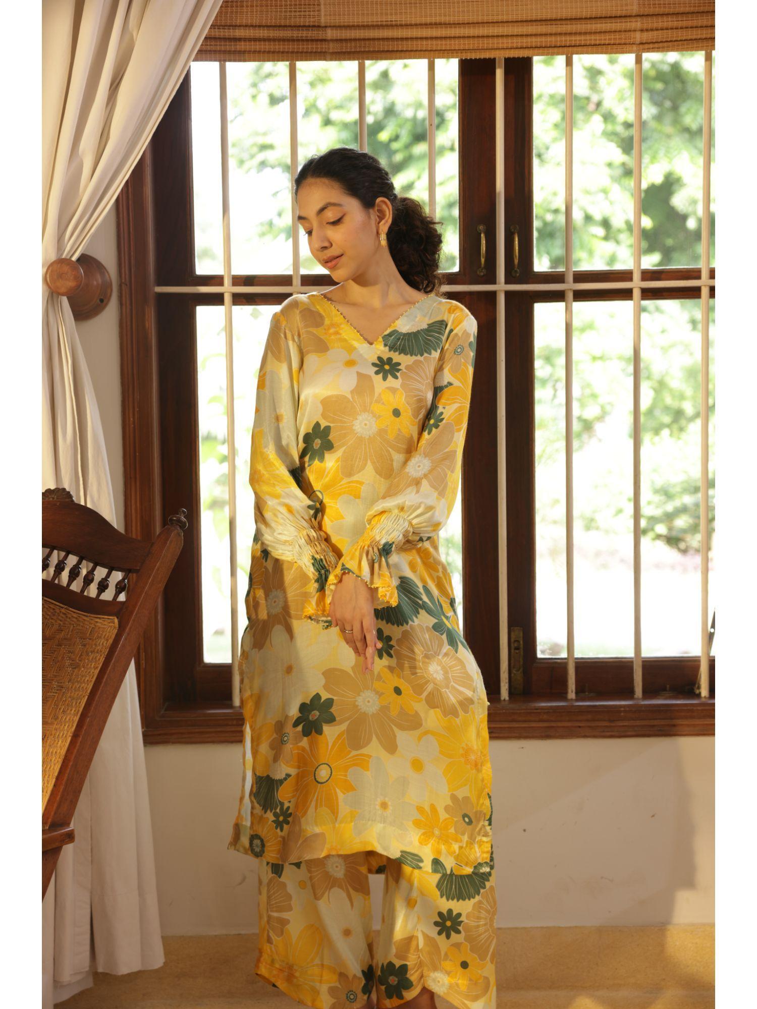 plum mosaic yellow print kurta