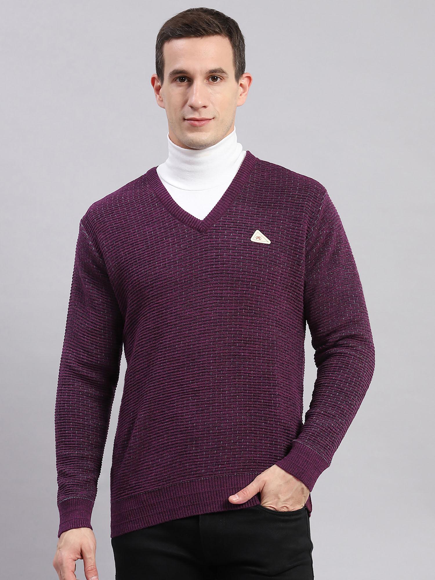 plum multi self design v neck sweater