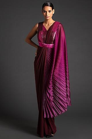 plum ombre pre-stitched saree