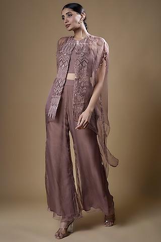 plum organza embroidered cape set