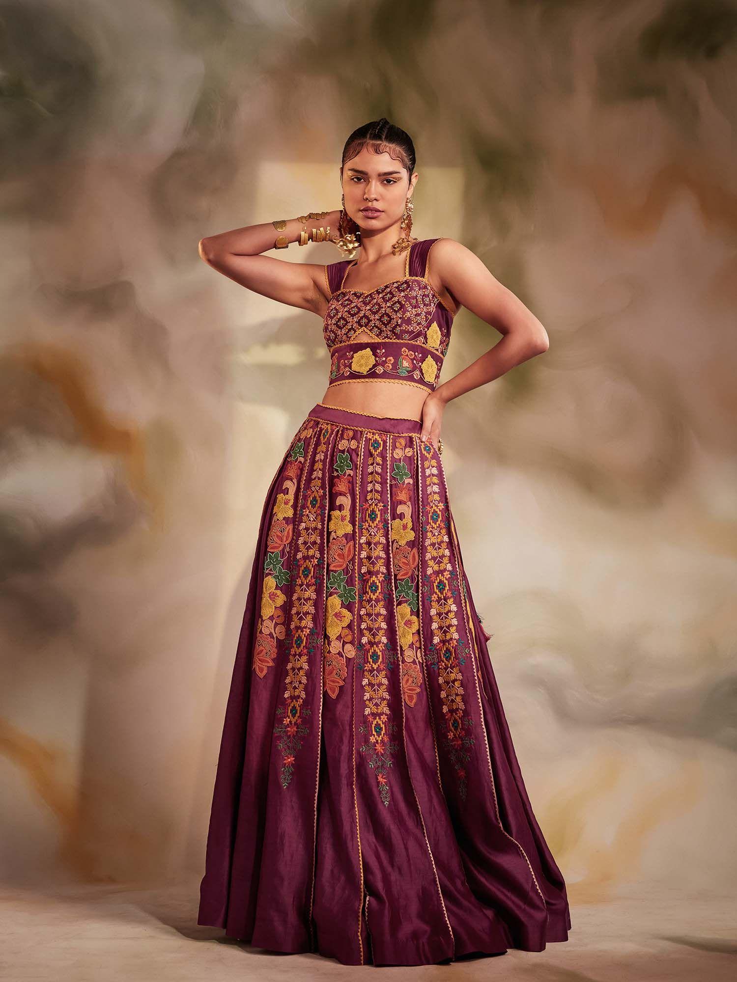 plum pleated beadwork lehenga